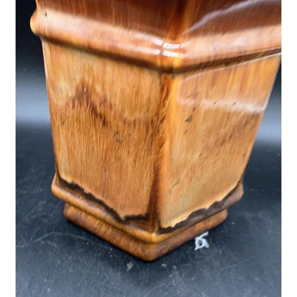 Vintage Royal Haeger Brown Dripware Pottery Canister‎ Hexagonal W Lid 7.5